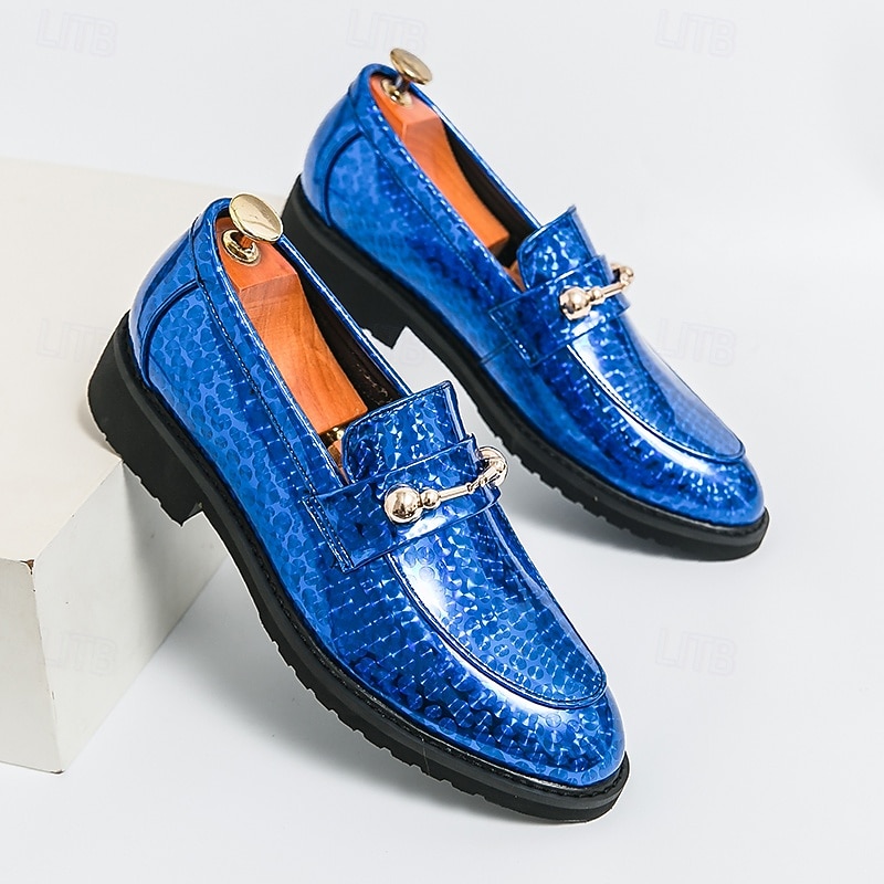 Men's Blue Metallic Faux Leather Loafers with Decorative Gold Chain – Trendy Slip-On Shoes for Formal and Party Occasions4