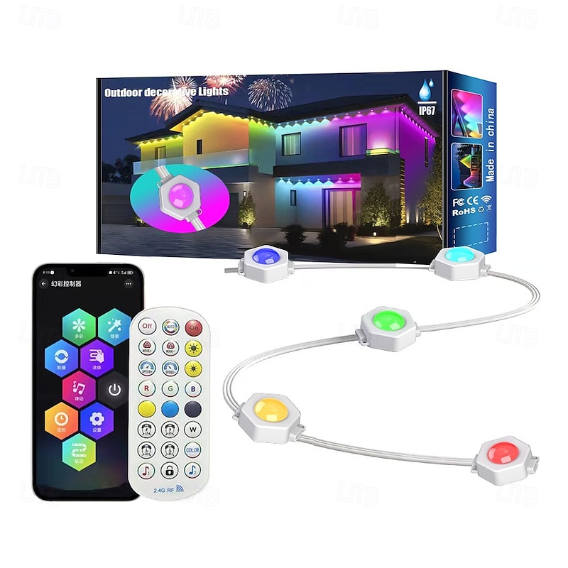 LED String Downlights Eternity Lights Permanent Eaves Lights Outdoor Lights with WIFI App & Remote RGBIC Smart Eaves Lights IP67 Waterproof Year-Round House Roof Outdoor Lighting for Christmas Holiday Extendable2