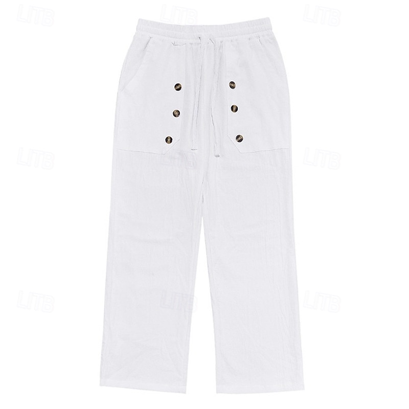 Men's Linen Pants Trousers Summer Pants Beach Pants Gauze Pants Buttons Drawstring Elastic Waist Plain Comfort Breathable Full Length Daily Holiday Beach Vacation Fashion Black White3