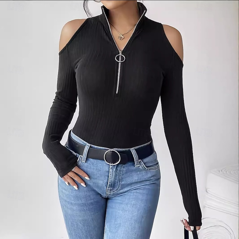Women's Dressy Tops Elegant Long Sleeve Turtleneck Regular Tops Black Summer Spring3