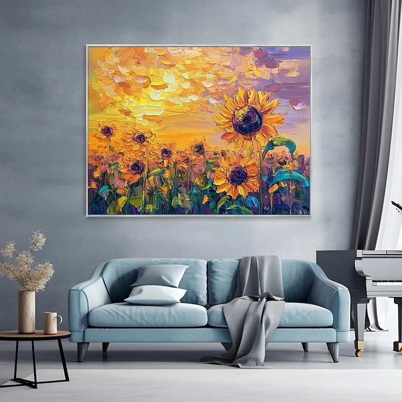 Large Sun Flower Landscape Oil Painting On CanvasPastel Floral PaintingSpring SunFlower Scenery PaintingLarge Wall Art Living Room Decor4