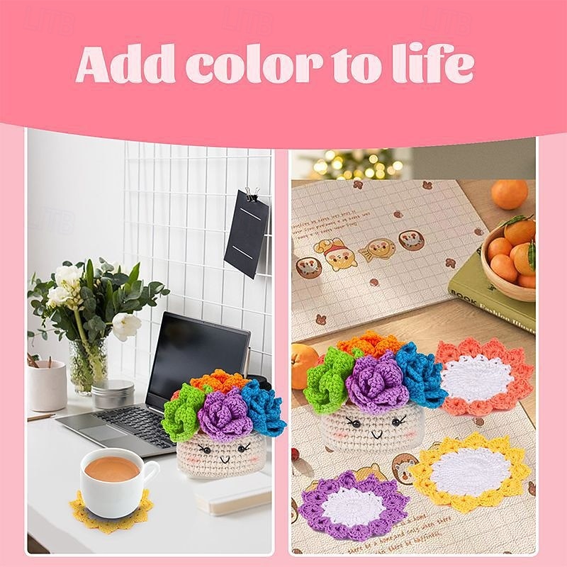 Crochet Kit for Beginners 6PCS Coasters Crochet Starter Kit Plant Pot Knitting Supplies Kit with Step-by-Step Video Tutorials Crochet Yarn for Adults DIY Present2