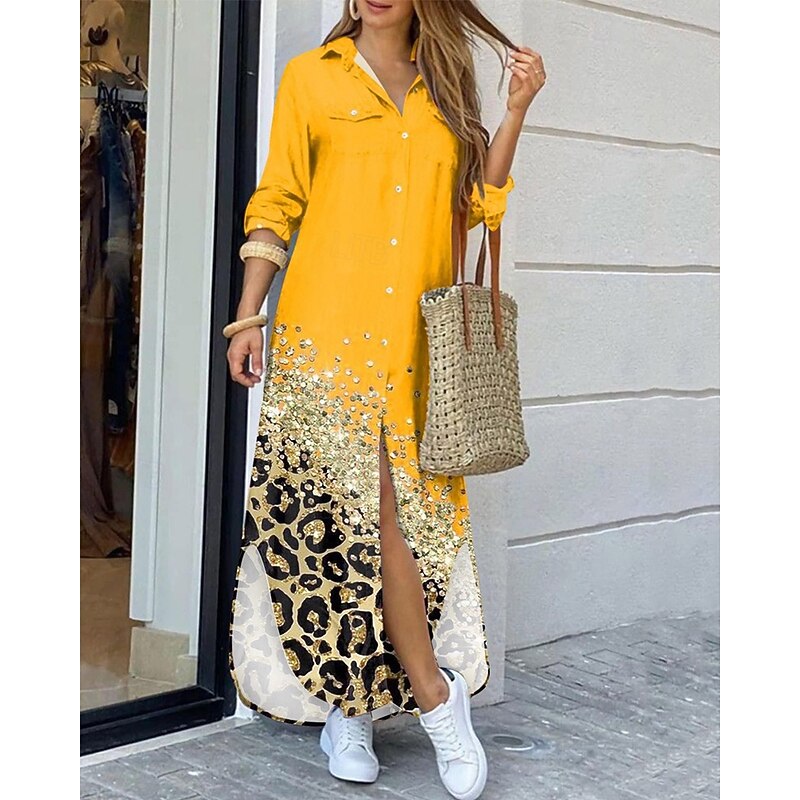 Women's Long Dress Maxi Dress Shirt Dress Casual Dress Summer Dress Stylish Casual Vacation Daily Date Regular Fit Color Block Long Sleeve Lapel Black Yellow Pink Red Summer Spring4