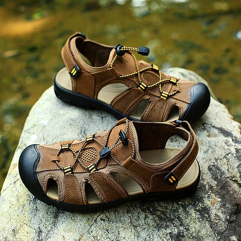 Men's Brown Faux Leather Hiking Sandals - Closed-Toe, Breathable, Adjustable Drawstring, Anti-Slip Sole, Durable Outdoor Footwear for Summer Trekking and Camping2