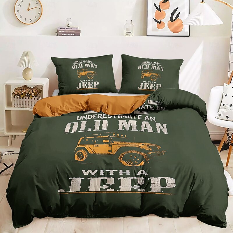 Graphic Car Old Man Duvet Cover Set Vintage Retro Style Soft Durable Microfiber Quilt Cover with Pillowcases Unique Bedroom Decor