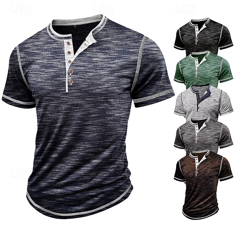 Men's Henley Shirt Tee Short Sleeve Solid Color Plain Active Vintage Buttons Henley Outdoor Casual Daily Summer Spring &  Fall Black Navy Blue Dark Gray Henley T-Shirt