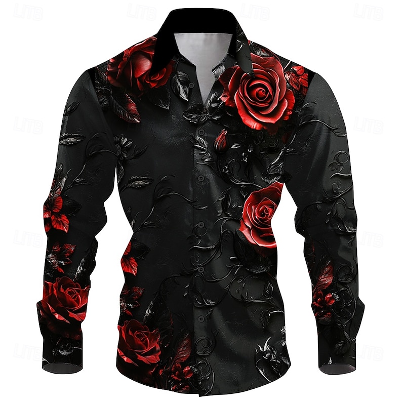 Valentine's Day Men's Floral Print Halloween Costumes Day of the Dead Shirt Button Up Shirt Long Sleeve Vintage Retro Gift Holiday Festival Summer Fall Turndown 3D Print Collared Shirts Black