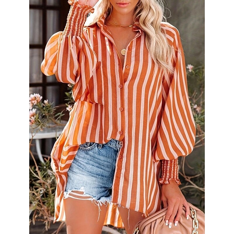 Women's Shirt Blouse Striped Stylish Casual Long Sleeve Shirt Collar Regular Tops Daily Pocket Print White Orange Summer Spring