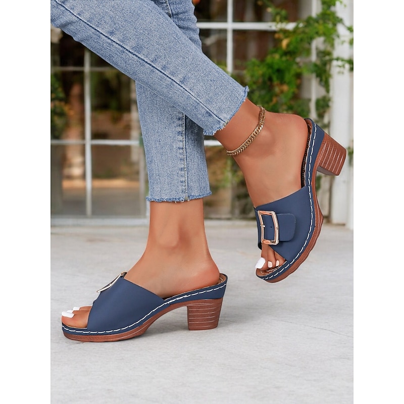 Women's Blue Open-Toe Mule Sandals with Block Heels and Gold Buckle – Stylish Summer Shoes for Casual Occasions3