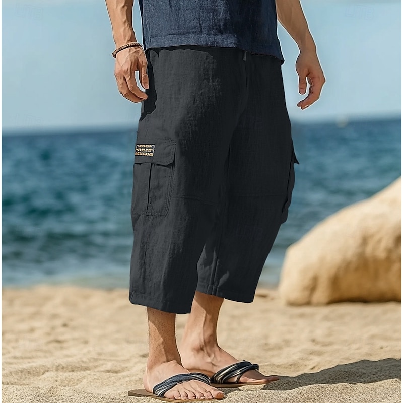 Men's Capri Cargo Shorts Linen Shorts Summer Shorts Beach Shorts Drawstring Elastic Waist Multi Pocket Plain Comfort Breathable Knee Length Yoga Holiday Beach Vacation Fashion Black Navy Blue3