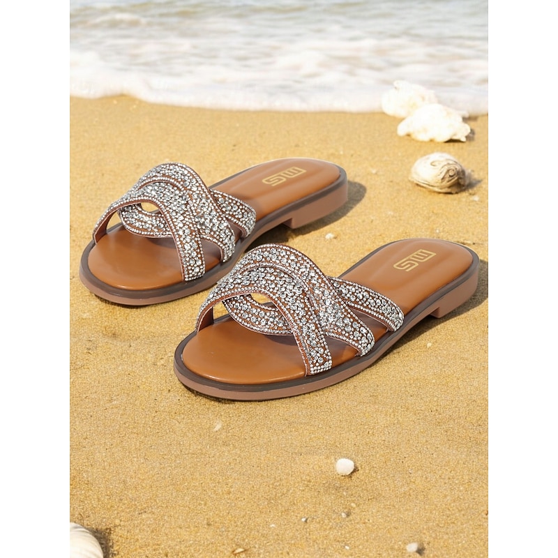 Women's Bohemian Rhinestone Flat Sandals – Sparkly Slip-On Beach Slides with Crisscross Straps for Summer & Casual Wear
