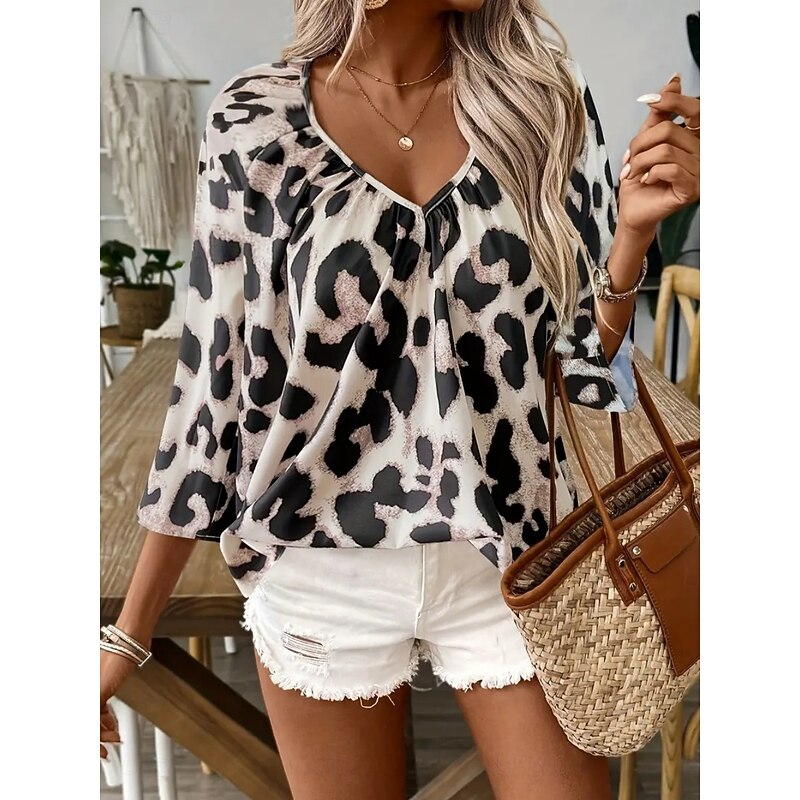 Women's Shirt Blouse Leopard Stylish Casual 3/4 Length Sleeve V Neck Regular Tops Daily Print Leopard Summer Spring4