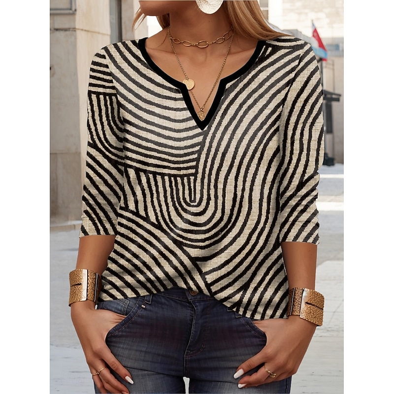 Women's T shirt Long Sleeve Geometric Casual Long Sleeve Notched Neck Regular Tops Daily Print Brown Spring Fall Prefall