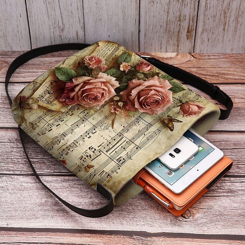 Vintage Floral Music Note Shoulder Bag for Women – Artistic Rose Print Crossbody Bag, Perfect for Casual Outings, Shopping and Everyday Use4