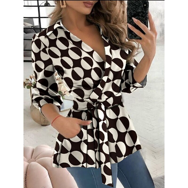 Women's Blouse Geometric Elegant Stylish Basic Long Sleeve V Neck Regular Tops Daily Lace up Print Black And White Black White Blue Green Summer Spring Fall4