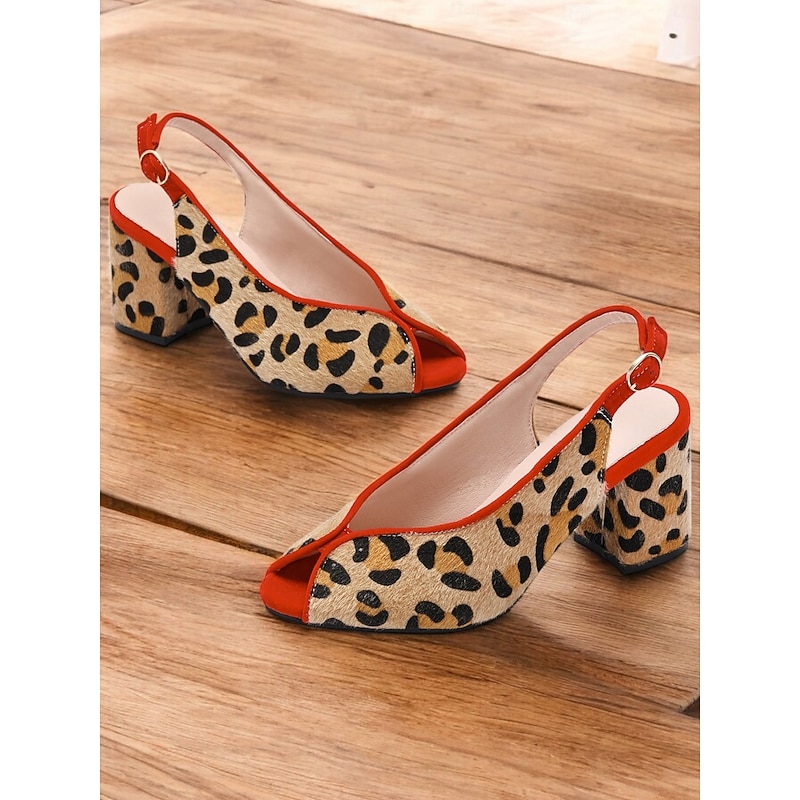 Women's Leopard Print Peep-Toe Slingback Heels with Red Trim and Block Heel for Retro Style Parties and Evening Wear