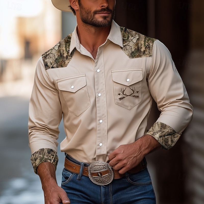 Men's Camouflage Western Shirt Long Sleeve Western Sports Outdoor Spring Fall Turndown Button Up 2 Pockets Black Brown Beige