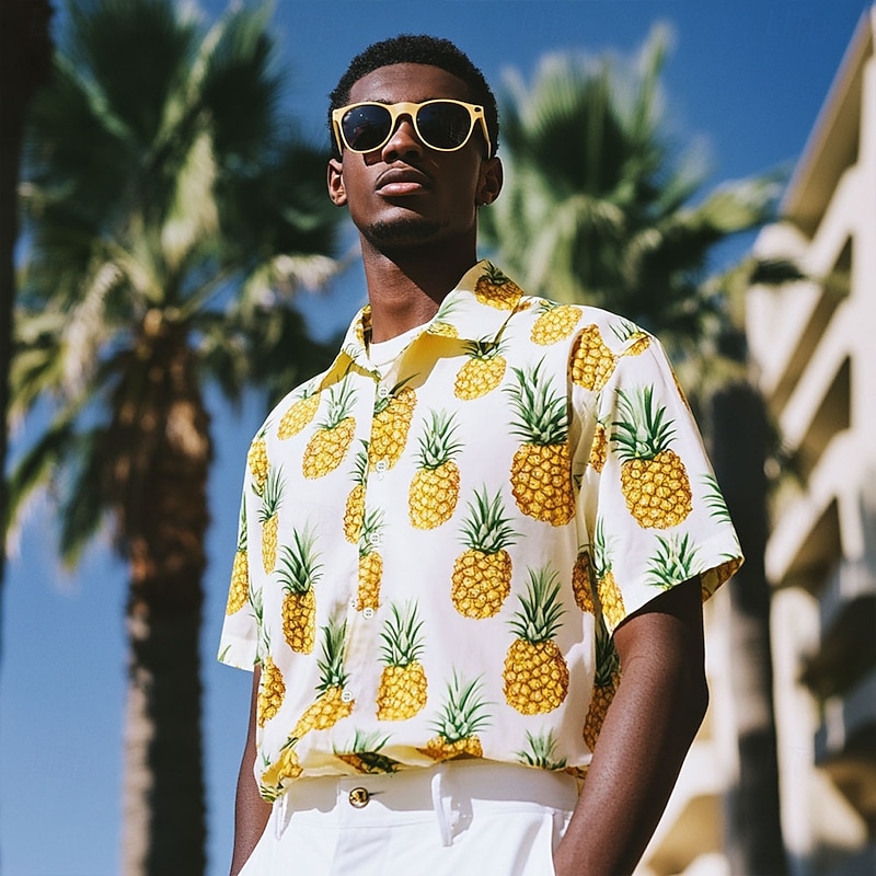 Men's Fruit Pineapple Summer Hawaiian Shirt Button Up Shirt Aloha Shirt Short Sleeve Hawaiian Resort Vacation Holiday Beach Wear Summer Spring Turndown 3D Print Collared Shirts White