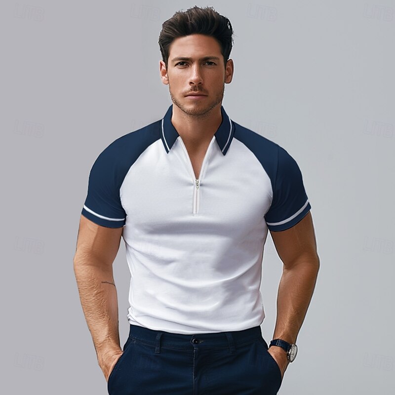 Men's Polo Business Casual Fold-over Collar Short Sleeve Fashion Basic Solid Color Color Block Summer Spring Fall Standard Fit White Polo