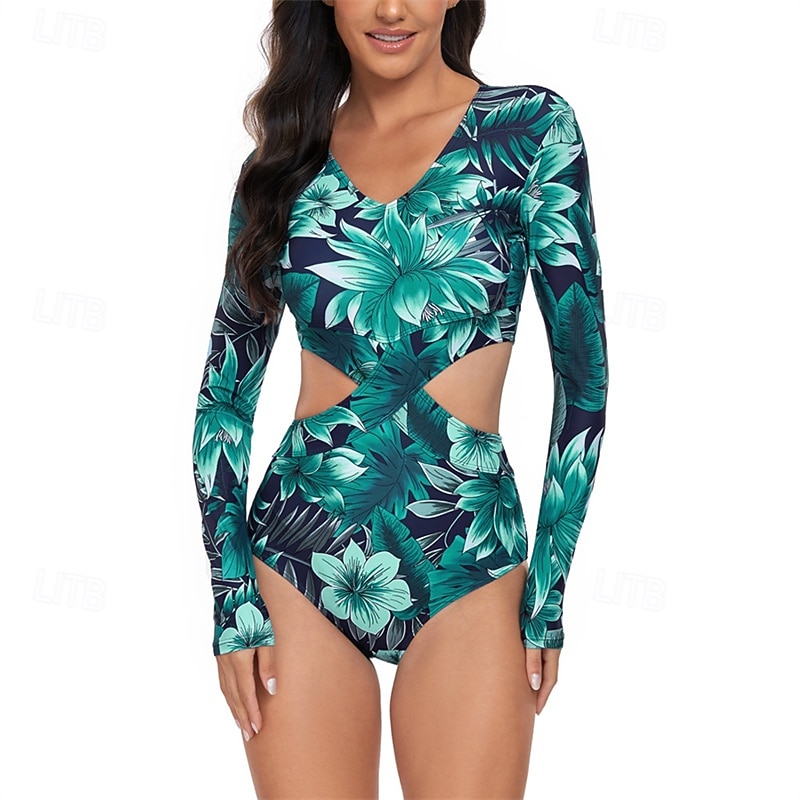 Women's Rash Guard One Piece Swimsuit UV Sun Protection Lightweight Long Sleeve Bodysuit Bathing Suit Cut Out Swimming Surfing Beach Water Sports Floral Printed Summer Spring Autumn2