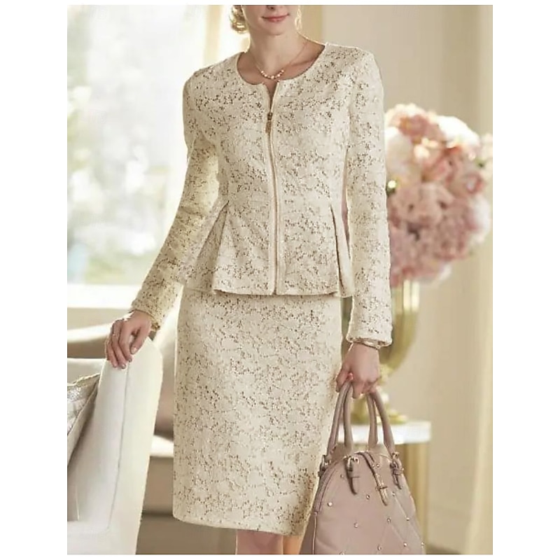 Two Piece Sheath Mother of the Bride Dress Wedding Guest Elegant Party Scoop Neck Knee Length Lace Long Sleeve Wrap Included with Solid Color Race Day Dress4