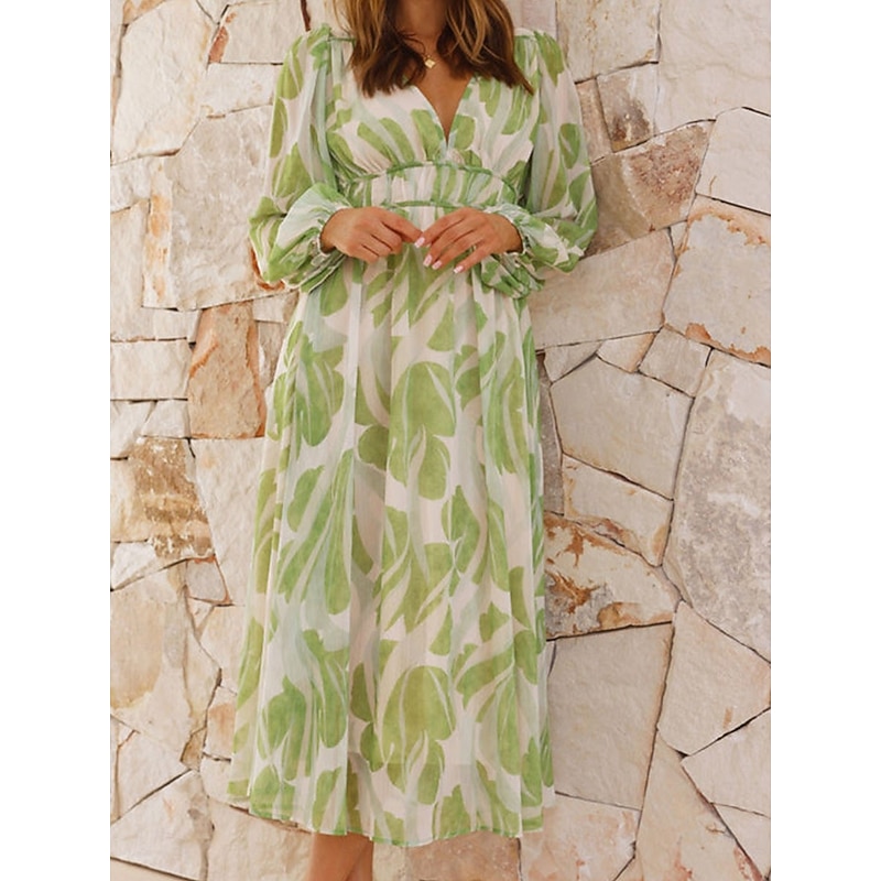 Women's Midi Dress Casual Dress Elegant Stylish Casual Vacation Party Daily Loose Fit Floral Long Sleeve V Neck Green Summer Spring Fall3