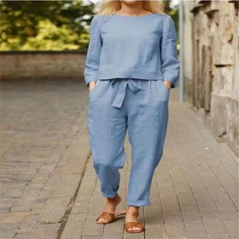 Women's Fashion Streetwear Cotton Linen Sets Two Piece Sets T Shirt Linen Pants Pants Trousers Long Sleeve Round Neck Plain Drawstring Daily Wear Date Black Sky Blue Orange Spring Regular Fit4