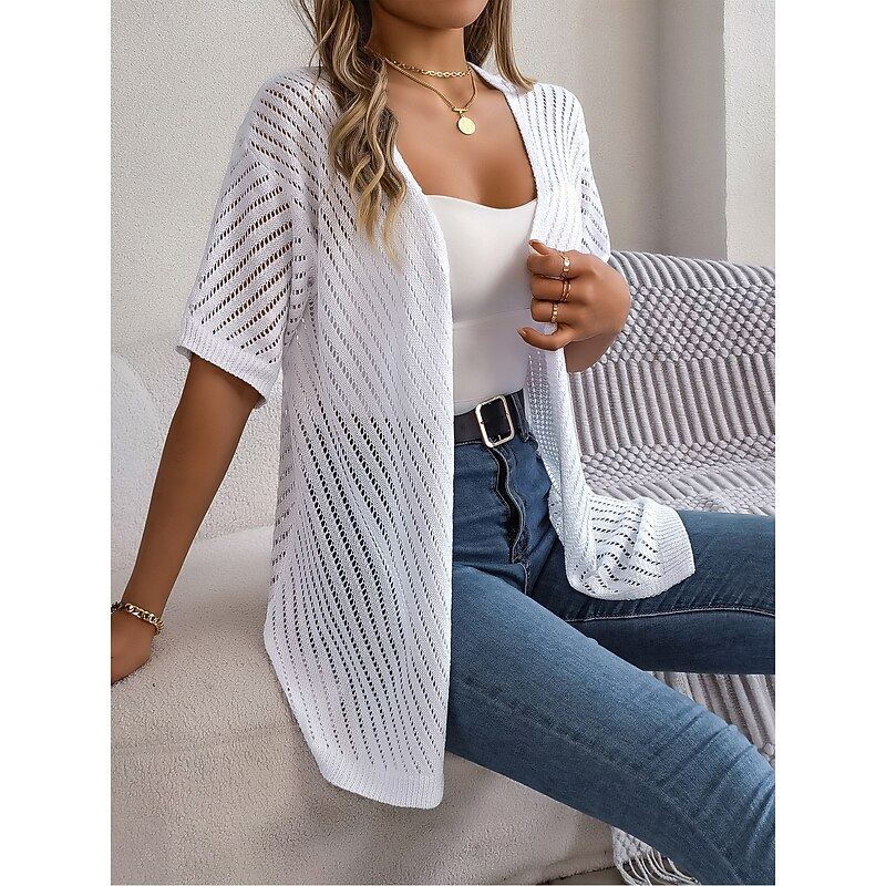 Women's Cardigan Cable Knit Sweater Streetwear Daily Stylish Pure Color Cable Crochet Open Front Mesh Knitted Drop Shoulder Short Sleeves Long Tops Knit Home Party Daily White Pink Summer Spring4