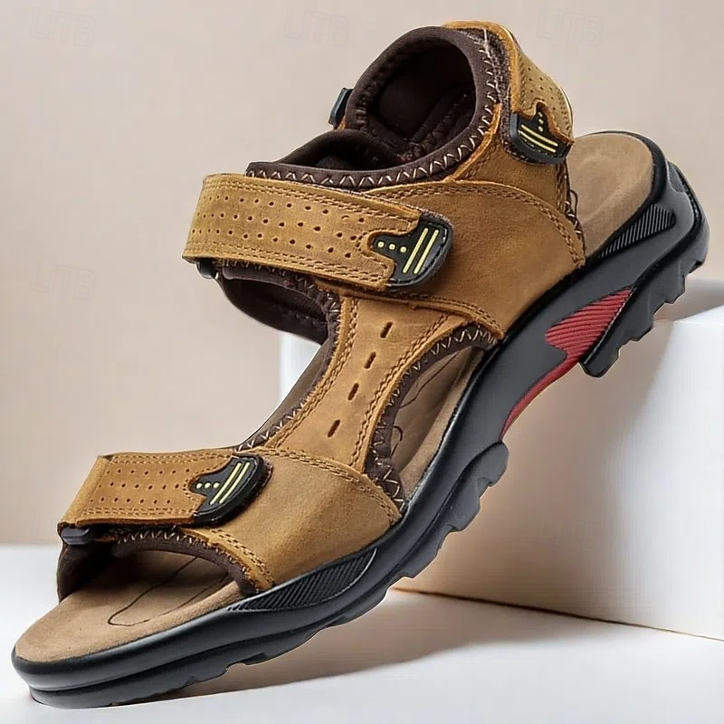 Men's Tan Faux Leather Hiking Sandals - Adjustable Straps, Breathable Design, Anti-Slip Sole, Comfortable Summer Footwear for Trekking and Outdoor Adventures