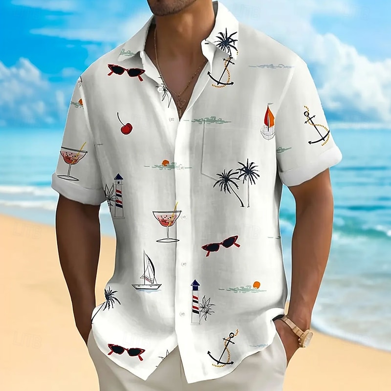 Men's Coconut Tree Tropical Plants Summer Hawaiian Shirt Button Up Shirt Aloha Shirt Short Sleeve Hawaiian Resort Vacation Holiday Beach Wear Summer Spring Turndown Collared Shirts Black White Blue