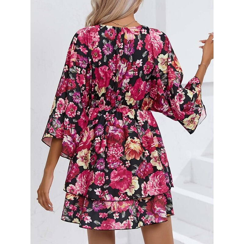 Women's Mini Dress Casual Dress A Line Dress Stylish Casual Vacation Daily Regular Fit Floral 3/4 Length Sleeve V Neck Black Red Summer Spring2