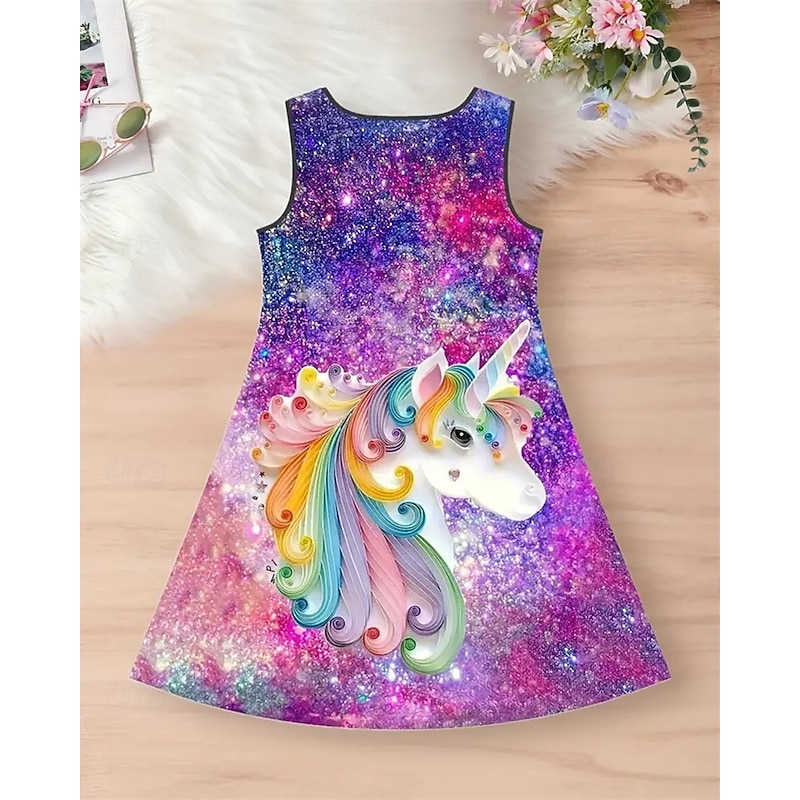 Girls' 3D Graphic Unicorn Dress Sleeveless Summer Spring Vacation Daily Holiday Princess Beautiful Sweet Kids 4-12 Years Casual Dress A Line Dress Knee-length Regular Fit2