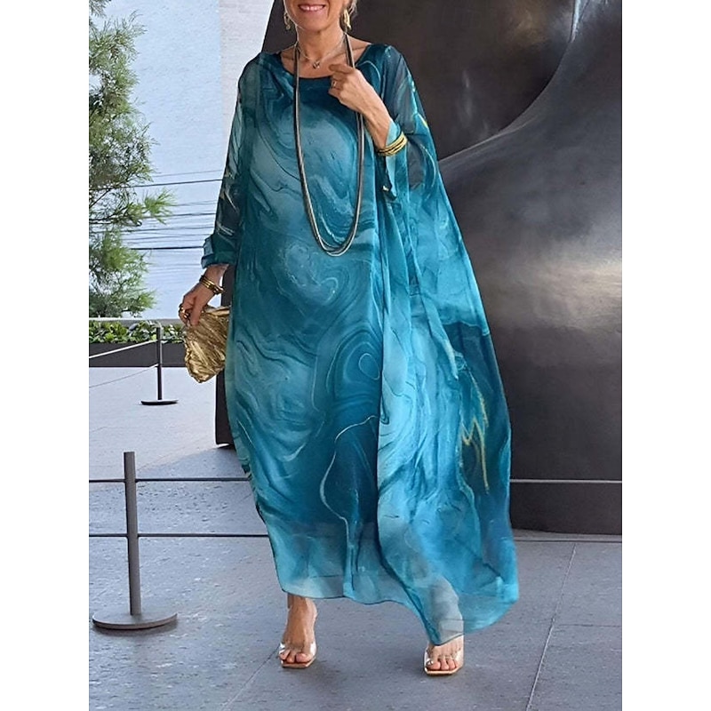 Women's Long Dress Maxi Dress Cocktail Dress Wedding Guest Dress Chiffon Fashion Modern Outdoor Vacation Loose Fit Marble Long Sleeve Crew Neck Yellow Blue Gray Summer Spring