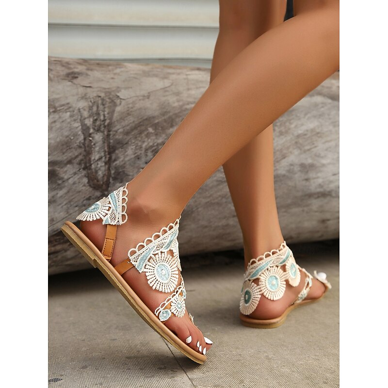 Women's Boho Lace Floral Flat Sandals – Vintage-Inspired Beach Wedding or Summer Casual Shoes2