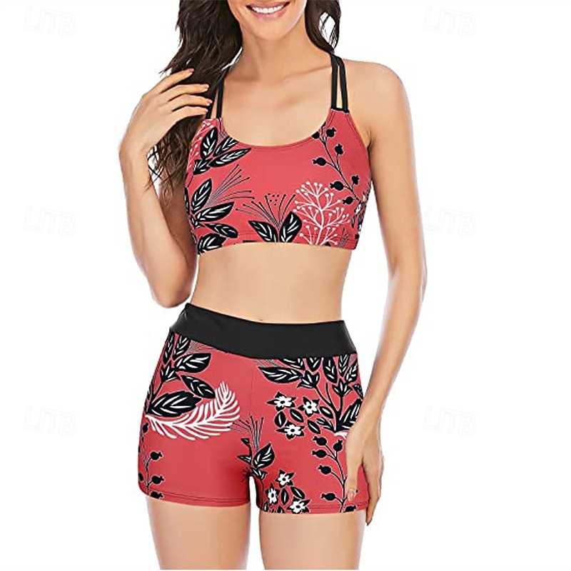 Women's Tankini Two Piece Swimsuit Backless Criss Cross Swimwear Floral Swimwear Red Royal Blue Breathable Quick Dry Lightweight Sleeveless - Swimming Surfing Beach Summer Spring2