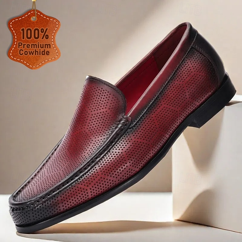 Men's Premium Cowhide Perforated Leather Loafers - Breathable Slip-On Shoes for Business and Casual Wear