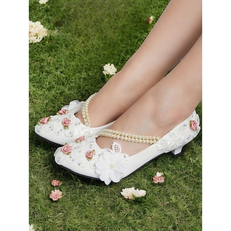 White Floral Embellished Pearl Strap Low Heel Shoes for Bridal and Wedding Events