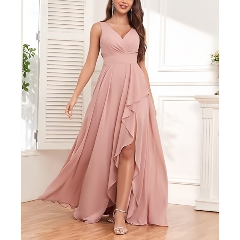 A-Line Bridesmaid Dress V Neck Sleeveless Elegant Floor Length Chiffon with Ruffles / Split Front / Ruching 2022