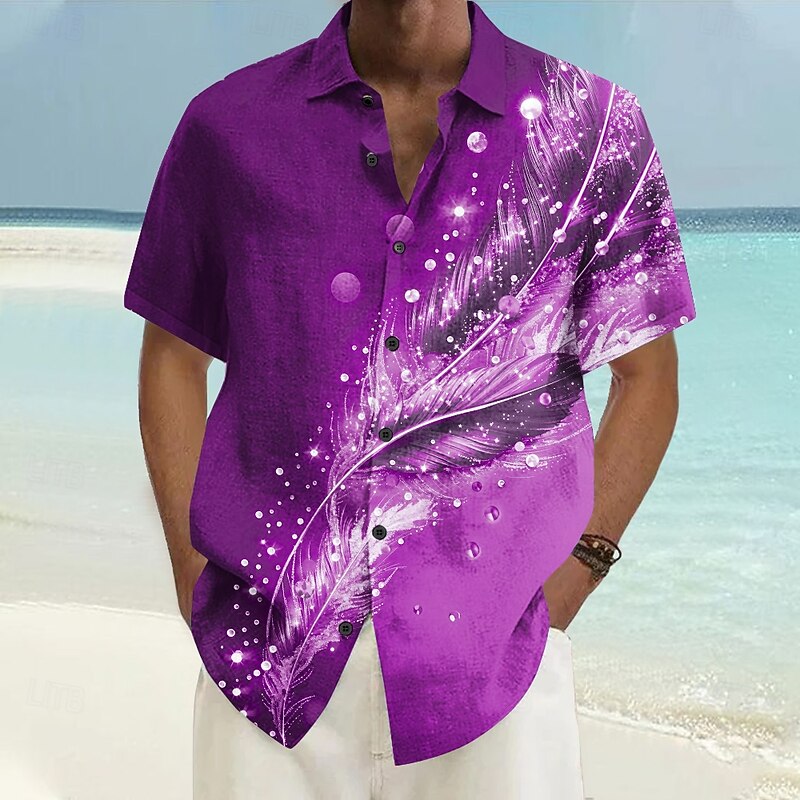 Men's Sparkling Glitter Feather Shirt Button Up Shirt Short Sleeve Vintage Retro Vacation Casual Summer Spring Turndown 3D Print Collared Shirts Purple Green Dark Blue3