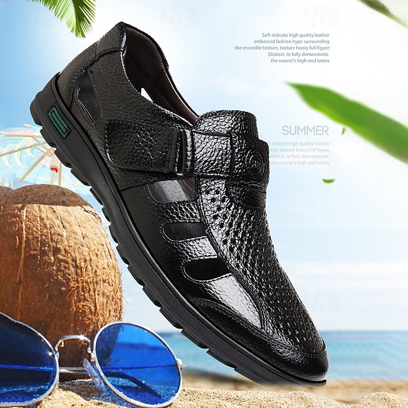 Men's Black Faux Leather Sandals – Breathable Cut-Out Design with Adjustable Strap, Comfortable Summer Shoes for Casual and Outdoor Wear3