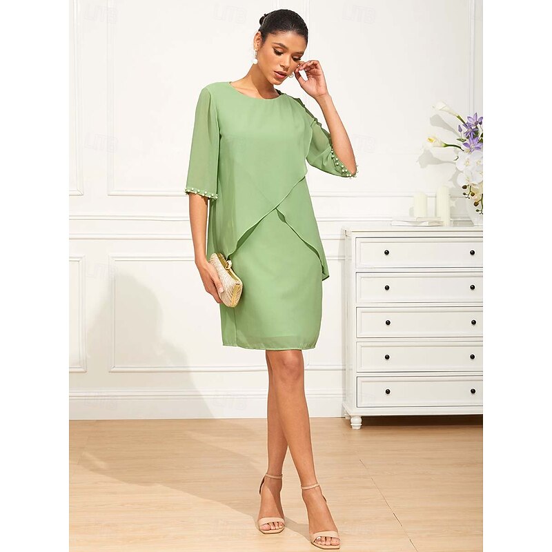 Women's Knee Length Dress Chiffon Dress Elegant Formal Wedding Guest Cocktail Party Loose Fit 3/4 Length Sleeve Crew Neck Green Summer Spring3