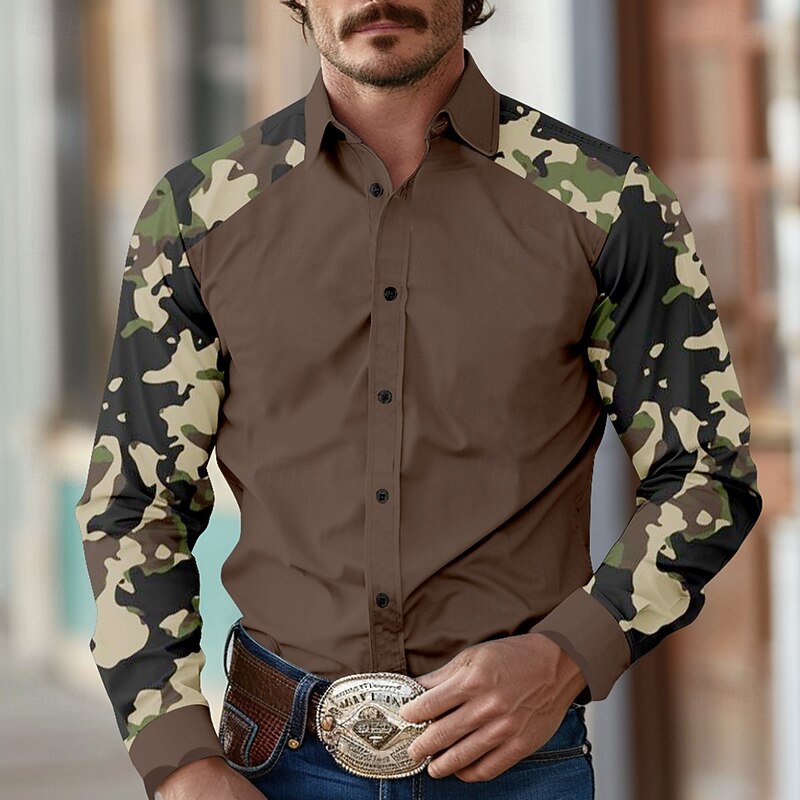 Men's Camouflage Western Shirt Long Sleeve Western Sports Outdoor Spring Fall Turndown Button Up Army Green Blue Brown Gray4
