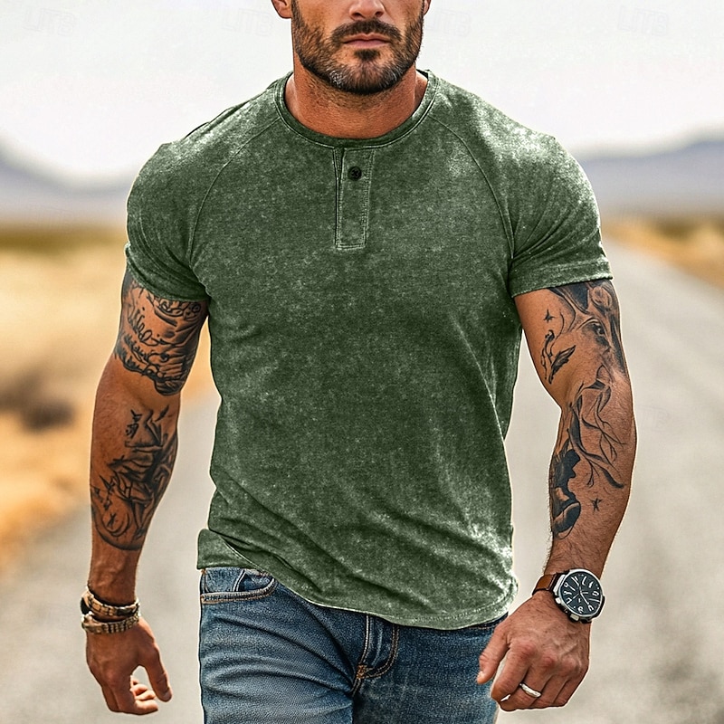 Men's Henley Shirt Tee Short Sleeve Solid Color Plain Distressed Buttons Washed Henley Outdoor Casual Daily Summer Spring &  Fall Black Navy Blue Green Henley T-Shirt