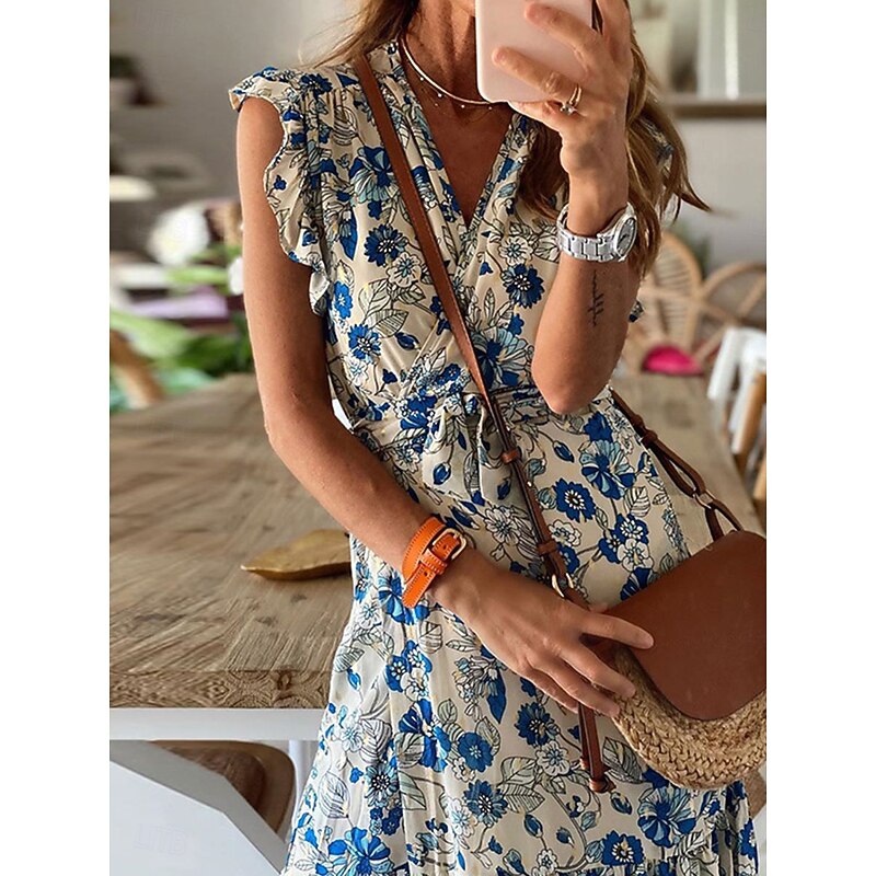 Women's Midi Dress Casual Dress Elegant Bohemia Stylish Vacation Daily Regular Fit Floral Sleeveless V Neck Blue Summer3