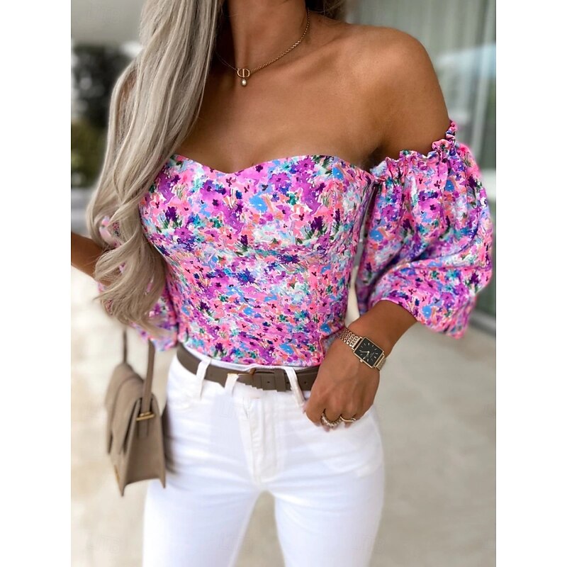 Women's Shirt Blouse Floral Stylish Casual Long Sleeve Strapless Regular Tops Daily Backless Print Black White Red Purple Summer Spring4