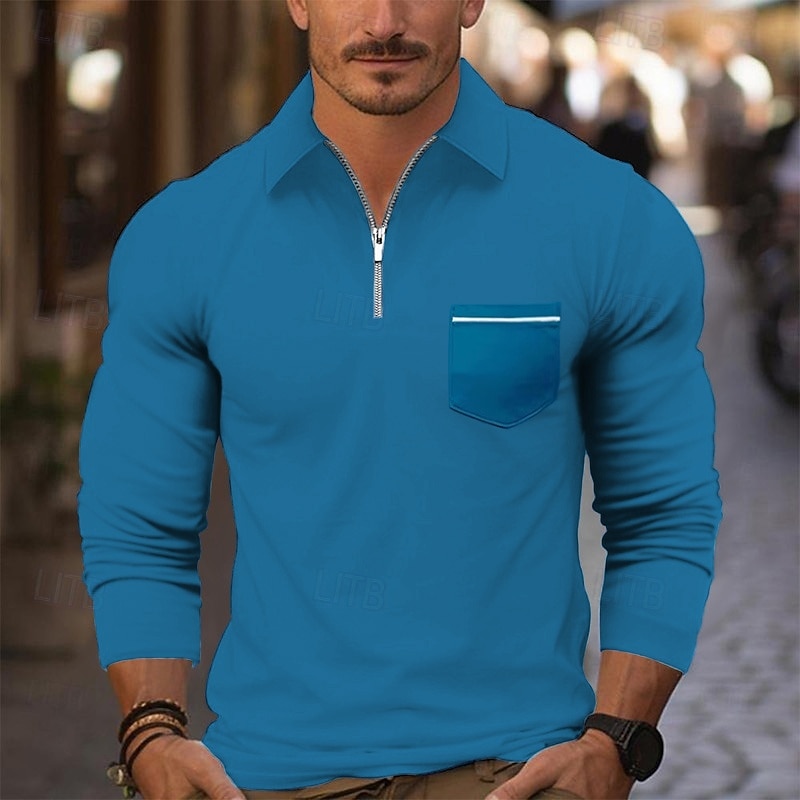 Men's Quarter Zip Polo Golf Shirt Daily Holiday Quarter Zip Long Sleeve Fashion Modern Plain Pocket Spring Fall Regular Fit Black White Pink Wine Royal Blue Sky Blue Quarter Zip Polo3