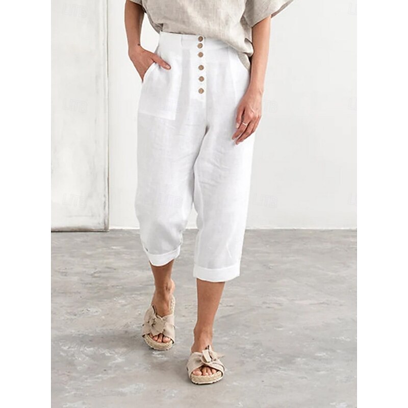 Women's Cotton Linen Pants Chinos Fashion Streetwear Calf-Length High Waist Plain Pocket Elastic Waistband Comfy Soft Comfortable Micro-elastic Outdoor Street Navy-blue White Summer Spring Regular Fit