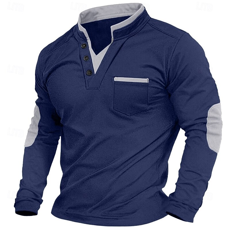 Men's T Shirt Henley Shirt Tee Top Long Sleeve Shirt Long Sleeve Color Block Fashion Designer Basic Patchwork Pocket Henley Vacation Street Going out Spring &  Fall Black White Navy Blue Henley2