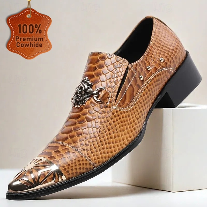 Men's Brown Snake Pattern Leather Slip-On Shoes with Metal Toe Cap and Lion Ornament - Premium Cowhide Western Style for Formal Events and Parties