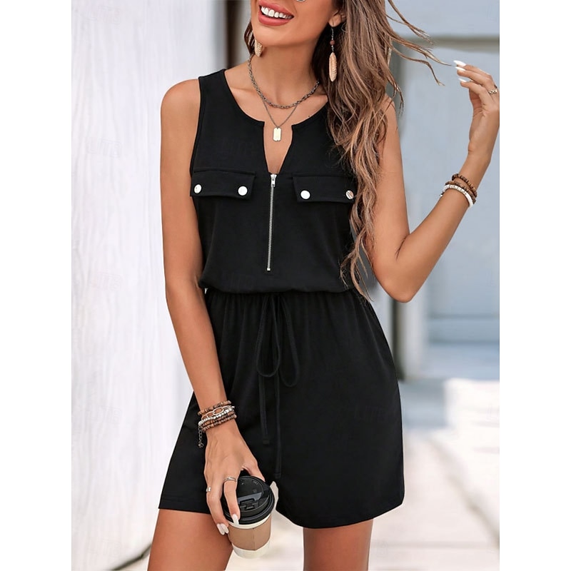 Women's Normal Romper Active Solid Color Sleeveless Round Neck Zipper Pocket Vacation Daily Regular Fit Black Summer